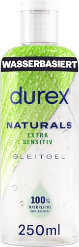 Durex Naturals Extra Sensitiv Gleitgel – 100 % natürliche Inhaltsstoffe mit Aloe Vera Extrakt, Kondom-geeignet, angenehme Textur – Wasserbasiert & pH-freundlich – 250 ml