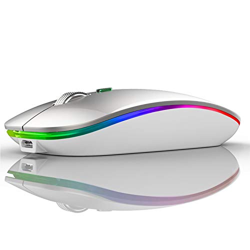 Uiosmuph Bluetooth Maus Kabellose, LED Funkmaus wiederaufladbar Leise Wireless Mouse 2.4GHz Kabellos Optische Maus mit USB Nano Empfänger für PC/Tablet/Laptop Computer (Silber)