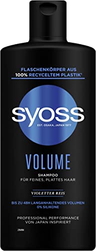 Syoss Shampoo Volume (440 ml), für feines & plattes Haar, silikonfreies Shampoo für bis zu 48 h Volumen ohne Beschweren, vegane Formel mit Violettem Reis