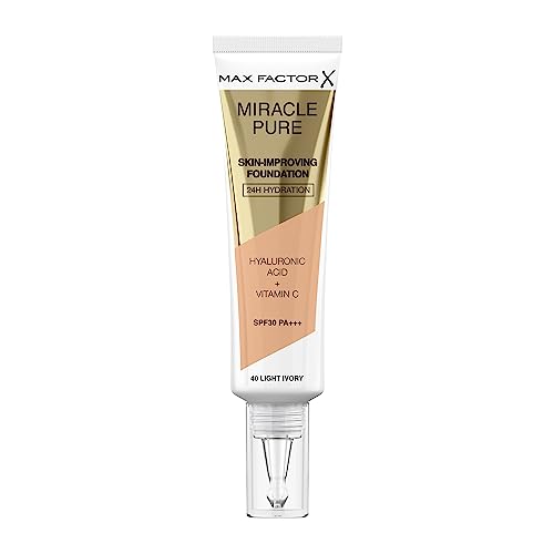 Max Factor Miracle Pure Skin Improving Foundation, Fb. 40 Light Ivory, hautverbesserndes Make-Up mit LSF 30, 30 ml