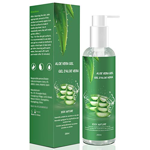 Aloe Vera Gel 100 Bio für Gesicht, Haare und Körper, natürliche, beruhigende und pflegende Feuchtigkeitscreme, ideal für trockene, beanspruchte Haut & Sonnenbrand, 250 ml
