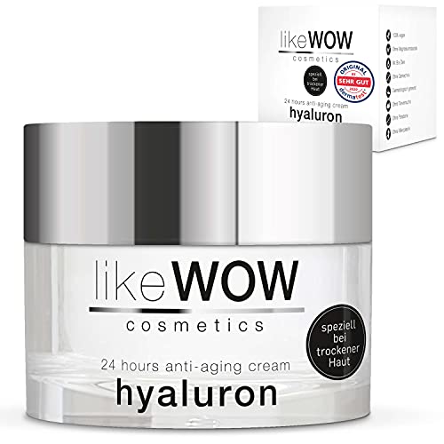 LikeWOW Hyaluron Anti Falten Gesichtscreme - mit Bio-Granatapfelkern-Öl - vegane Hyaluronsäure Creme für trockene Haut mit DermaCROSS III-Komplex, Peptiden, quervernetztem Hyaluron, Vitamin E 50ml