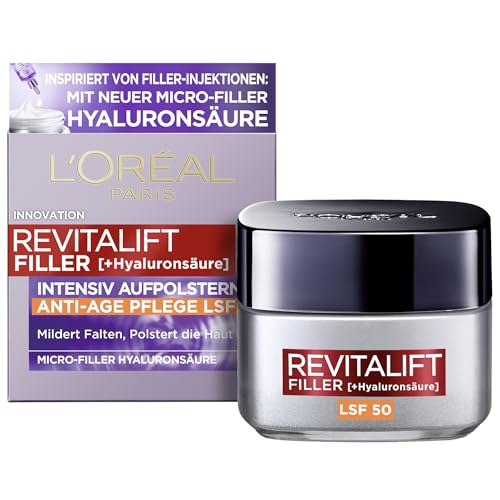 L'Oréal Paris Hyaluron Tagescreme mit LSF 50, Anti-Aging Gesichtspflege mit Micro-Filler Hyaluronsäure für Feuchtigkeit und Anti Falten Effekt, Revitalift Filler, 1 x 50 ml