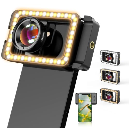 APEXEL Makro-Objektiv für Handy, 3-in-1 Handy-Kamera-Makro-Objektiv mit LED-Fülllicht + 17-mm-Gewinde-Objektivadapter für iPhone, Samsung, Huawei