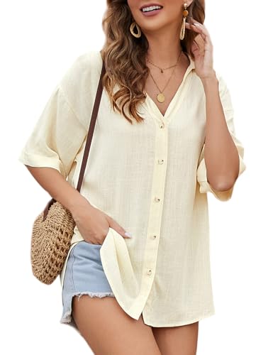 PASUDA Damen Bluse Sommer V-Ausschnitt Baumwolle Leinen Hemd Elegant 3/4 Roll Up Ärmel Button-Down Hemdbluse Casual Blusen Basic Revers Oberteile Tunika Shirts Tops (Gelb, S)