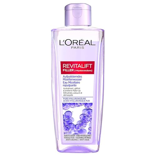 L'Oréal Paris Aufpolsterndes Hyaluron Mizellenwasser, Anti Aging Gesichtsreinigung, Reinigung mit purer Hyaluronsäure, Make up Entferner, Revitalift Filler, 200 ml