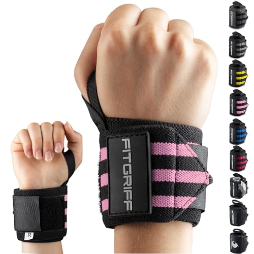 FITGRIFF® Handgelenk Bandagen [Wrist Wraps] 45cm Handgelenkbandage für Fitness, Handgelenkstütze, Bodybuilding, Kraftsport & Crossfit (Schwarz/Pink)