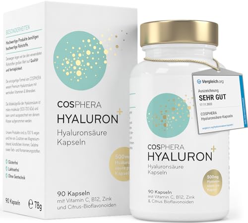 Hyaluronsäure Kapseln hochdosiert mit 500 mg pro Kapsel - 90 vegane Hyaluron Kapseln im 3 Monatsvorrat - 500-700 kDa I Angereichert mit Zink als Beitrag zum Erhalt normaler Haut und Knochen.