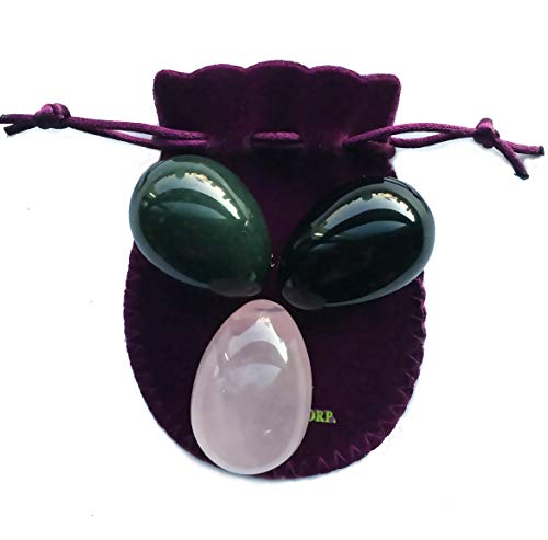 Yoni Eggs 3-pcs Set Made of 3 Gemstones: Nephrite Jade, Rose Quartz & Obsidian, All Medium Size and Drilled, Comes with User Instructions and Certificates, to Train Pelvic Floor Muscles, by Polar Jade
