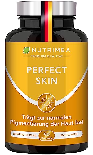 Beta Carotin Kapseln PERFECT SKIN | Haut + Bräune | Bräunungskapseln mit Pro Vitamin A, Vitamin E & Antioxidantien 100% VEGAN von NUTRIMEA