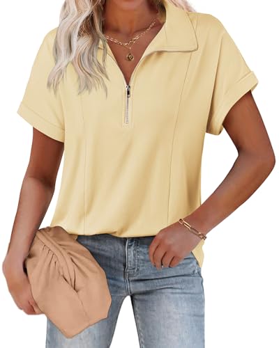 Gaharu Damen-Polo-Shirt, kurzärmelig, mit Reißverschluss, Arbeitsoberteil, Buttergelb, Groß