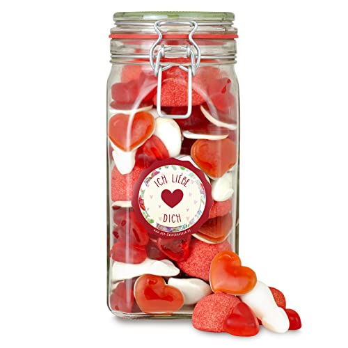 Liebesglas, ein großes Bügelglas voller Liebe - rot-weißer Süßigkeiten-Mix aus Fruchtgummi und Schaumzucker, süßes Geschenk zum Jahrestag und Valentinstag für Deine(n) Liebsten