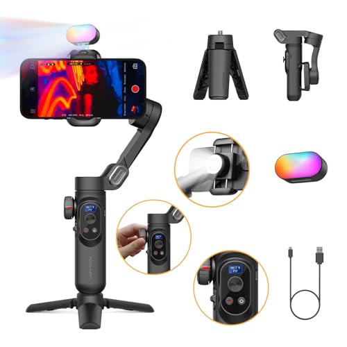 AOCHUAN 3-Achsen-Gimbal, Gimbal-Stabilisator für Smartphone mit magnetischem RGB-Fülllicht für iPhone/Android iPhone Gimbal mit verbesserter Gesichtsverfolgung, Vlog-Aufnahme – Smart X Pro Kit
