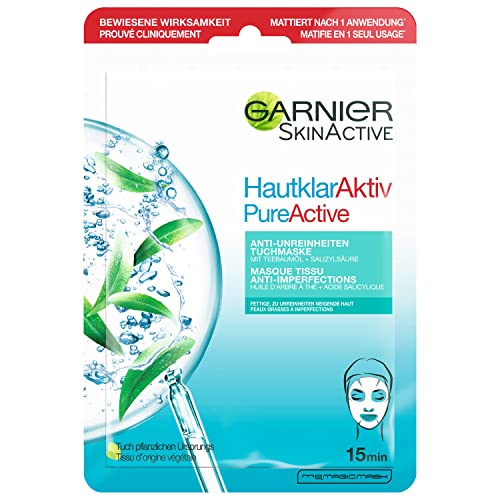 Garnier Tuchmaske, Gesichtsmaske für fettige Haut, Anti-Unreinheiten, Formel mit Teebaumöl und Salizylsäure, Hautklar Aktiv, 23 g
