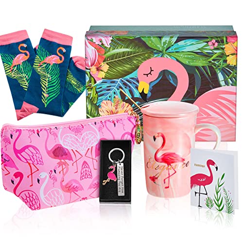 Nuenen 5 Stück Flamingo Geschenke Set für Damen mit Keramik Flamingo Kaffeetasse Rosa Kosmetiktasche Reise Makeup Beutel Federmäppchen Socken Schlüsselanhänger Grußkarte Geschenkbox für Freundin