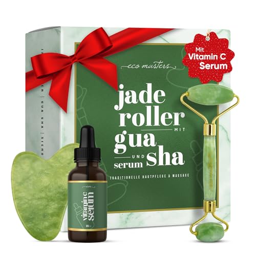 Jade Roller & Gua Sha Stein mit Vitamin C Serum - Premium Jade Stein Set für Gesichtsmassage - Massageroller gegen Augenringe & Falten - Geschenkset - Gesichtsmassagegerät für Männer & Frauen
