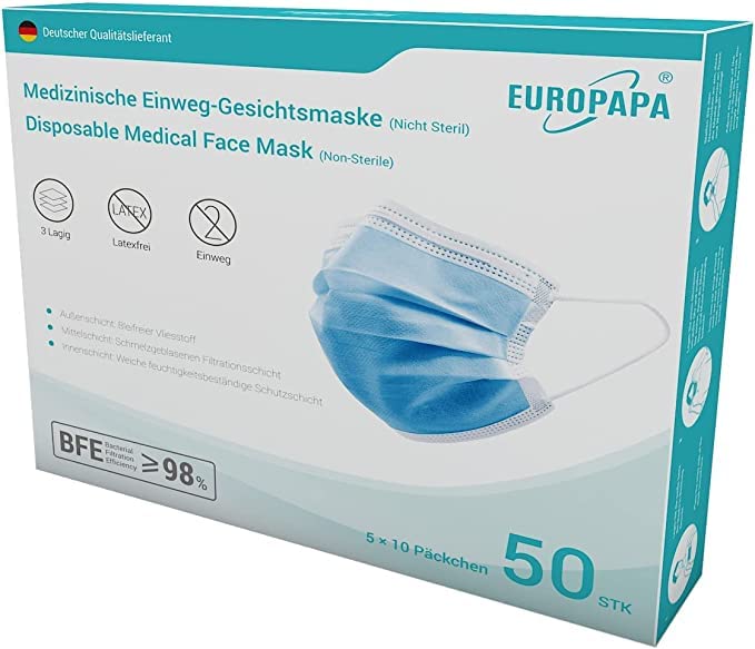 EUROPAPA® Blau Medizinisch Type IIR Norm EN14683 TÜV CE zertifizierte Mundschutzmasken OP Masken 3-lagig Mundschutz Gesichtsmaske Einwegmaske BFE ≥ 98%, 1 Box (50 Stück)