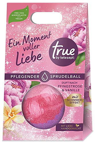 true by tetesept Pflegender Sprudelball Ein Moment voller Liebe – Handgemachter Badezusatz mit natürlichen Ölen sowie Duft nach Pfingstrose & Vanille – 6 Stück (je ca. 170 g)