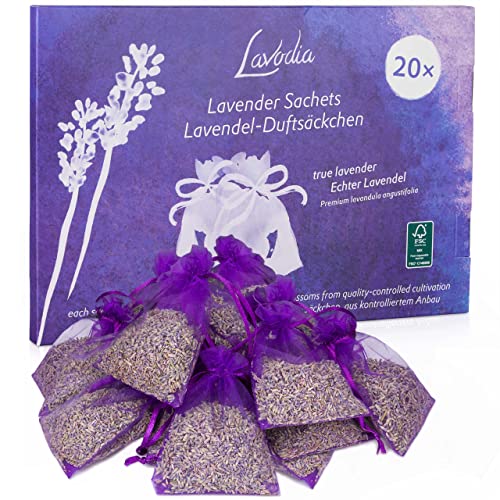 LAVODIA Lavendel Duftsäckchen 6g für Kleiderschrank - 20 Beutel mit getrocknetem Lavendel - Kleidermotten bekämpfen - Textilerfrischer für Schrank, Auto und Raum - Natürliche Lavendel Pflanze