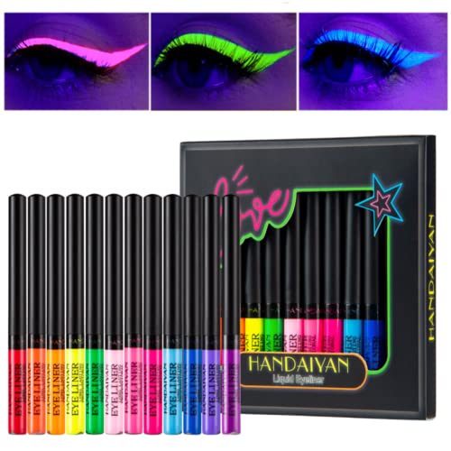Neon Liquid Eyeliner Set, 12 Farben UV Glow Matte Eyeliner, wasserfest und wischfest, langlebig, bunt, fluoreszierend, für den täglichen Gebrauch und Halloween, Weihnachten