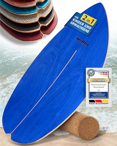 WAHU Board - Balance Board mit einzigartigem Rocker Shape inkl. Rolle - Surf Balance Board (100% Holz) | Balance Board Holz | 100% Spaß garantiert | Ocean Blue