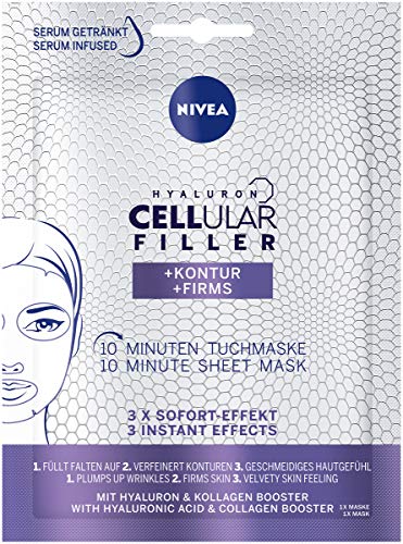NIVEA Hyaluron Cellular Filler + Kontur 10 Minuten Tuchmaske im 1er Pack (1 Stück), Gesichtsmaske mit Anti-Falten Wirkung, verfeinernde Gesichtspflege